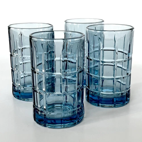 Anchor Hocking Tartan Blue Juice Glasses 6 oz 4" Tall Set of 4 Vintage USA
