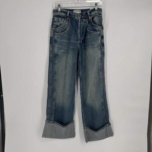 Free People jeans 25 blue low rise cuffed boyfriend wide leg baggy loose y2k 90s