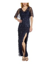 ADRIANNA PAPELL Womens Navy Side Slit  Lined Maxi Formal Dress 4