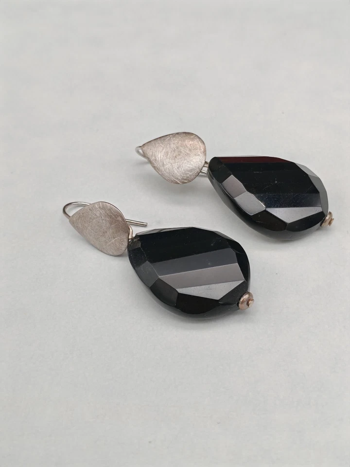 Orecchini donna pendenti goccia agata nera naturale argento 925 fatti in Italia - Immagine 4 di 4