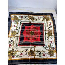 Vintage Equestrian Chain Print Square Scarf Red Black Gold Tassel Sheer Stripe