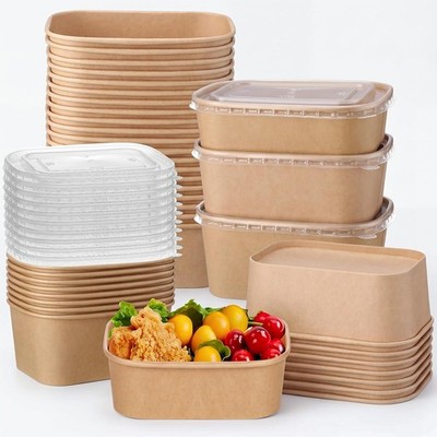 50 Set Paper Food Containers W/ Lids 3 Sizes Variety Pack