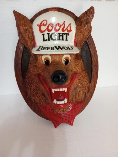 Vintage 1987 COORS Light Beer Wolf 3-D Face Bar Pub Sign Man Cave Decor