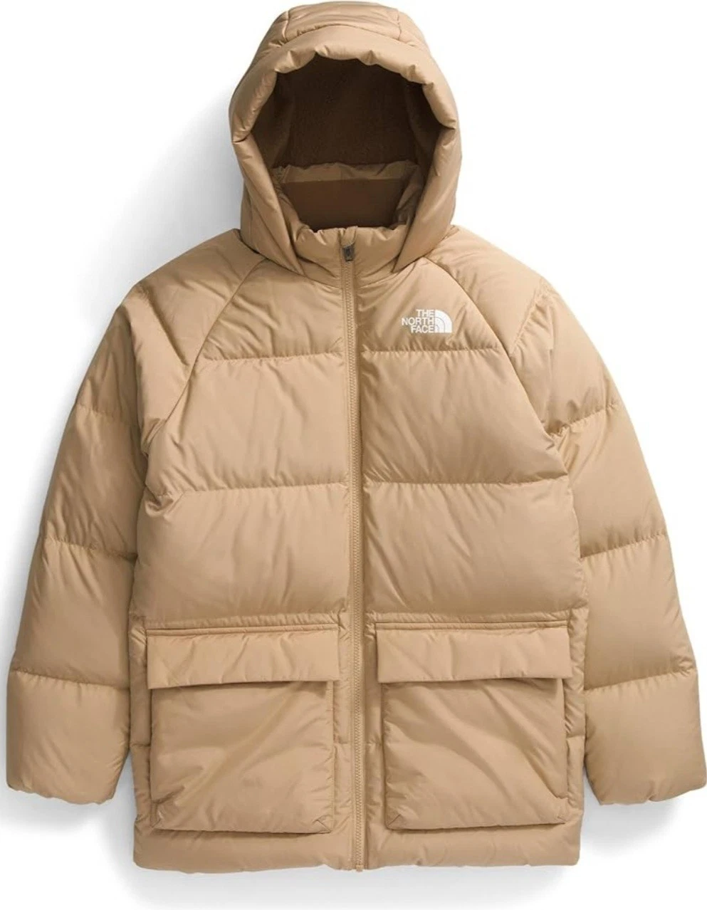 The North Face Large Teen 600 Down Khaki Stone Fleece Lined Short Parka Pockets
