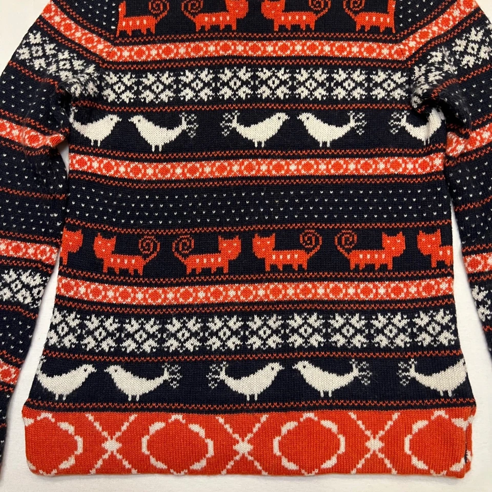 J. Crew Navy Orange Cat & Bird Wool Blend Fair Isle Sweater Size XS - Image 4 of 4
