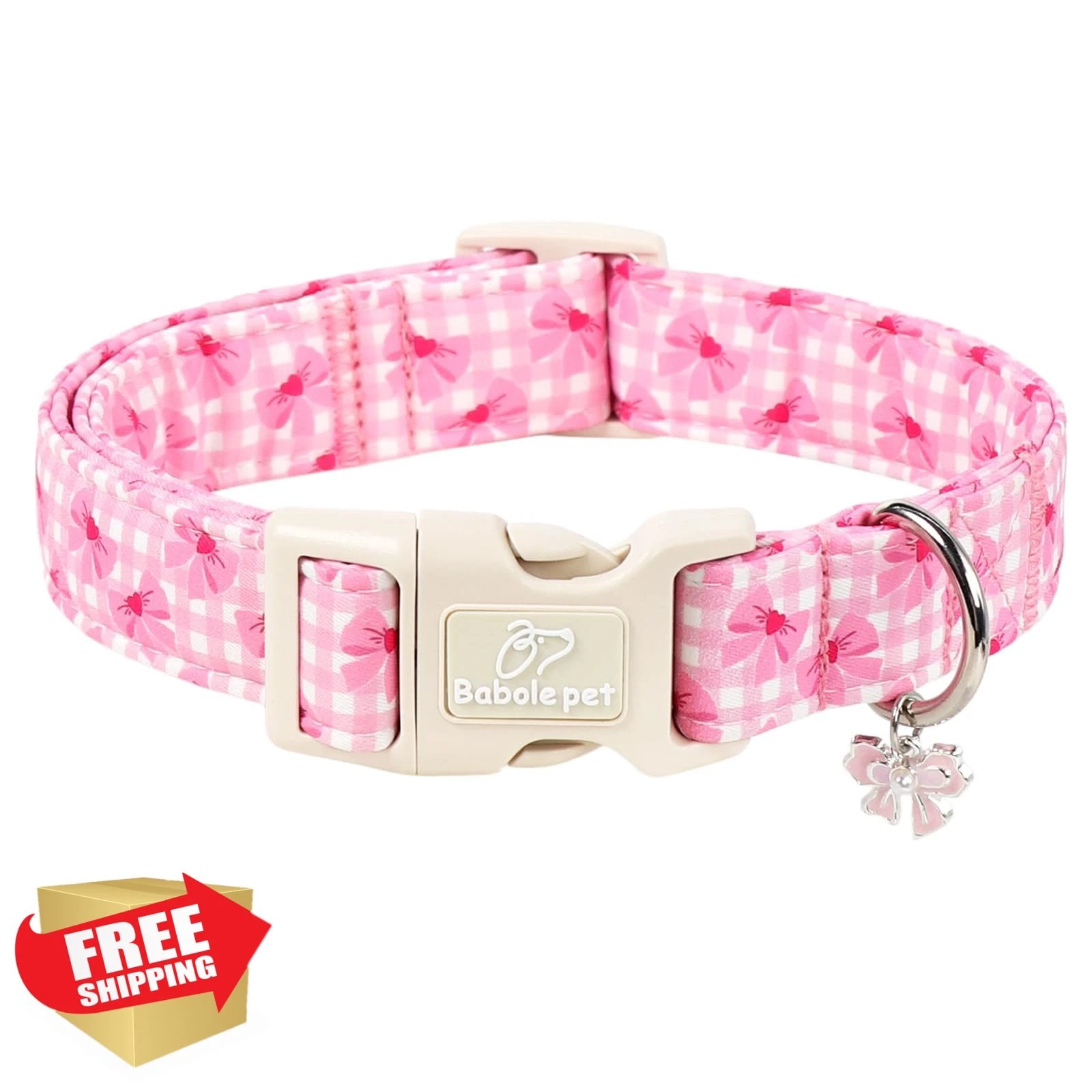 Babole Pet Girl Dog Collar Pink Gingham Bow Small S