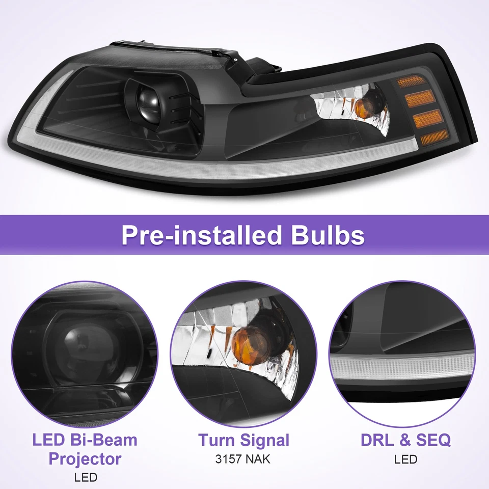LED Projector Headlights W/Sequential Turn Signal For 1999-2004 Ford Mustang Foto 3 de 4