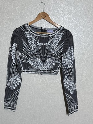 Herve Leger Knit Crop Top Large Black White Bird Print 