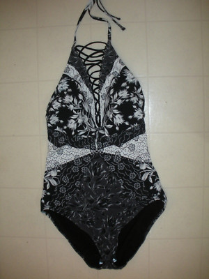 GOTTEX Black & White Camellia 1 Pc High Neck Halter Style Swimsuit Sz 10 NWT