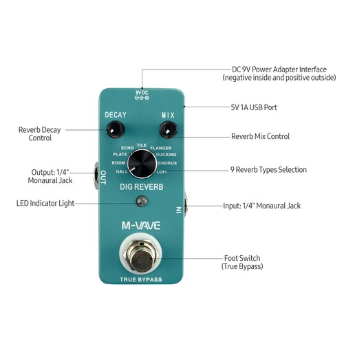 M-VAVE DIG REVERB Digital Reverb Guitar Effect Pedal 9 Reverb Types Decay & Q9J8 - Picture 6 of 6