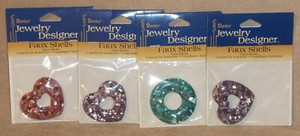 Lot of 4 NEW Darice jewelry designer 1.5" Faux Shells pendants: 3 Hearts 1 Donut