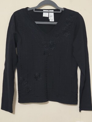Emma James Womens Top Size S PETITE Black Embroidered Bead Bling Stretch NWT