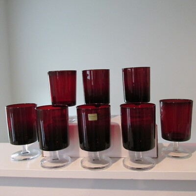 Set 8 Luminarc Verrerie France Ruby Red Footed Water Wine Goblet Glasses NICE!