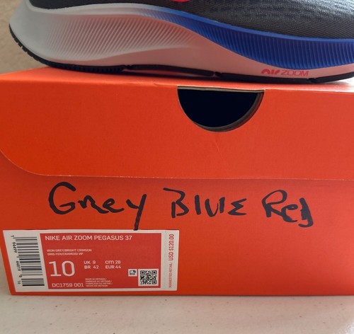 Nike Air Zoom Pegasus 37 Running Shoes Size 10 Grey/Blue/Red Breathable Mesh - Picture 6 of 13