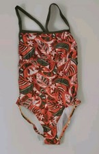 Nike Womens Swim Suit Tropical Orange Green One Piece Racerback Size 12 Cute 
