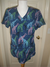 Women's Medical Scrubs M blue/w giraffes T54 