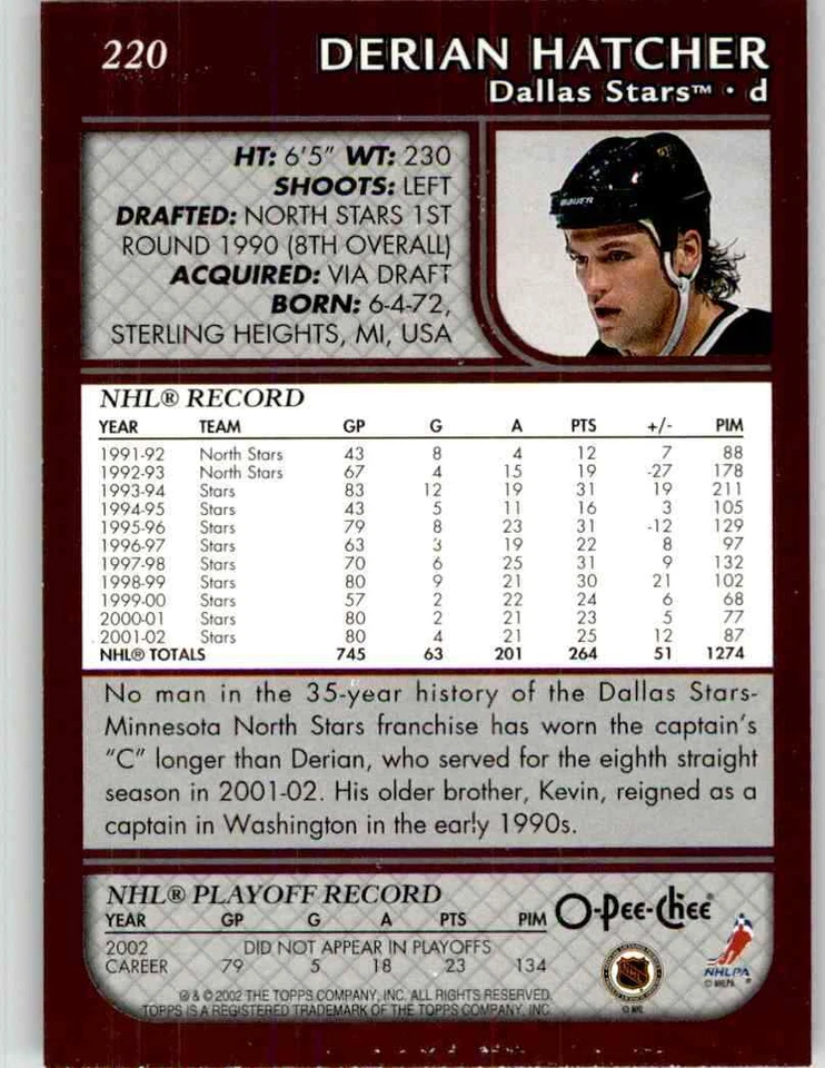 2002-03 O-Pee-Chee Derian Hatcher #220 - Image 2 of 2