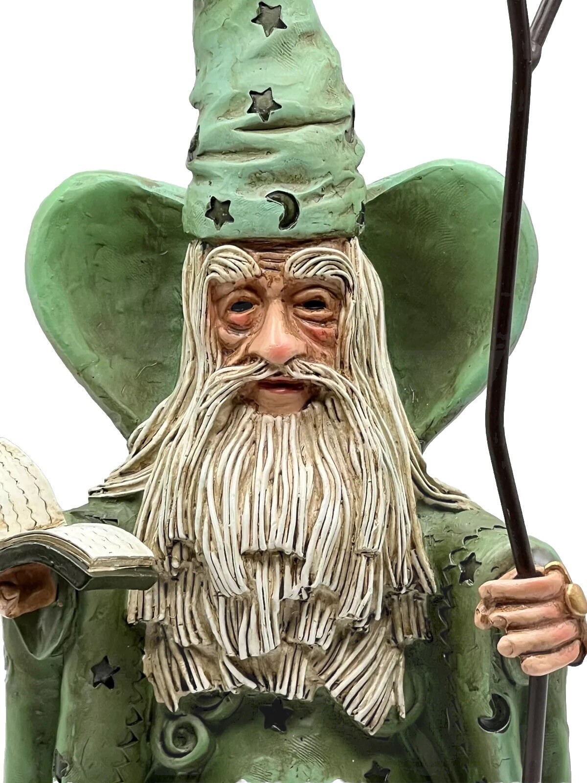 WIZARD FIGURINE REALISTIC FEATURES RESIN MERLIN GREEN MOON & STARS 11” TALL