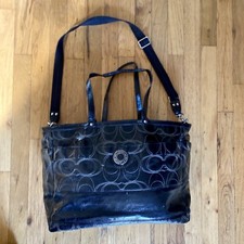 Coach Black Leather Tote Signature Stripe Stitched Baby/Commuter Bag Authentic