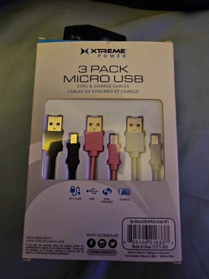 Xtreme Power 3 Pack Micro USB Sync/Charge Cables High speed transfer New In Box - Image 2 of 2
