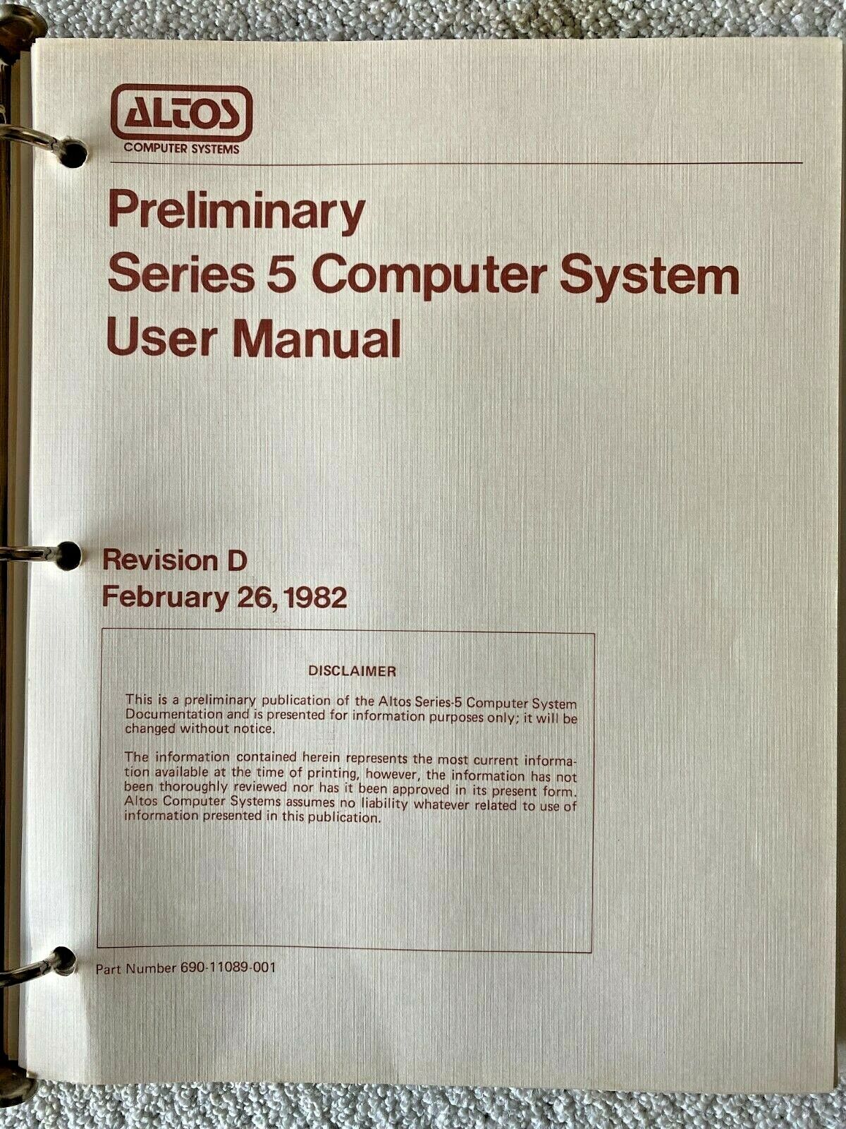 Altos Series 5 Computer System Rev D Preliminary User Manual w/Schematics