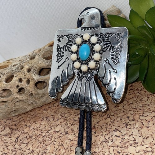 Unique Thunderbird T-Bird White Blue Turquoise Concho Lariat Bolo Tie Wedding ne - Picture 5 of 22