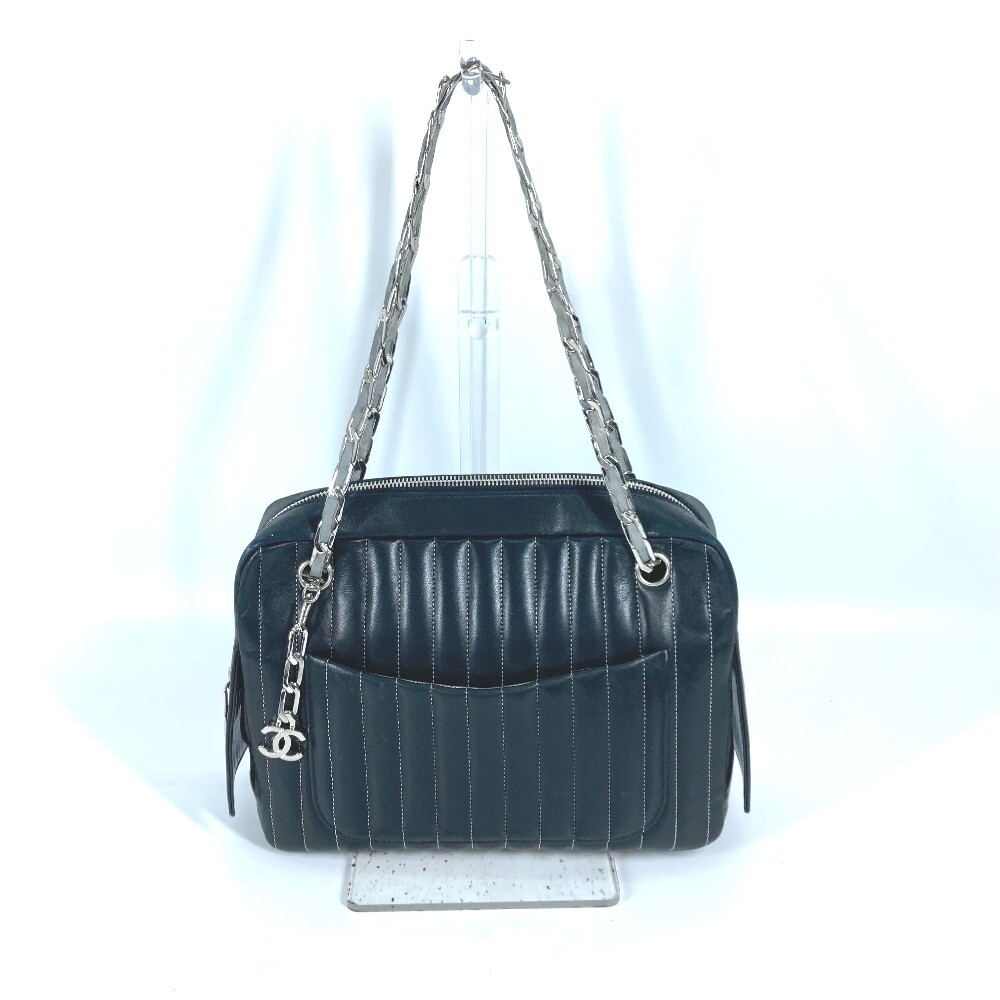 CHANEL Mademoiselle Double Chain Leather Shoulder Bag in Black and Silver-image