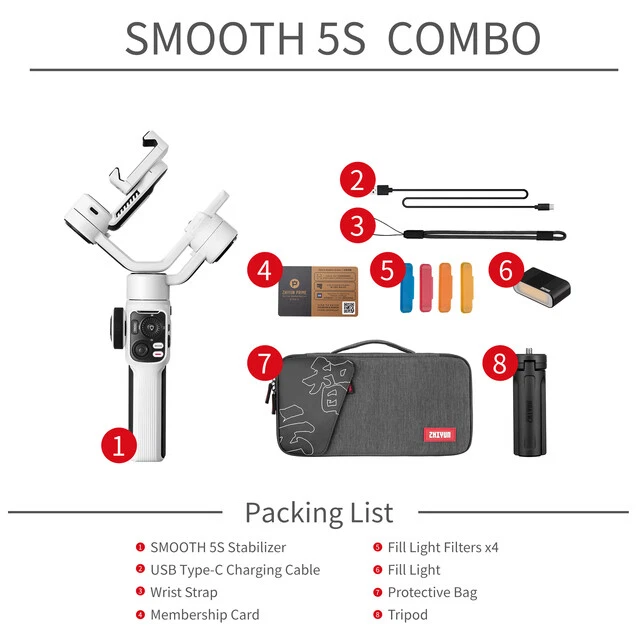 ZHIYUN Smooth 5S COMBO 3-Axis Gimbal Stabilizer Fill Light for iPhone Smartphone - Image 2 of 4