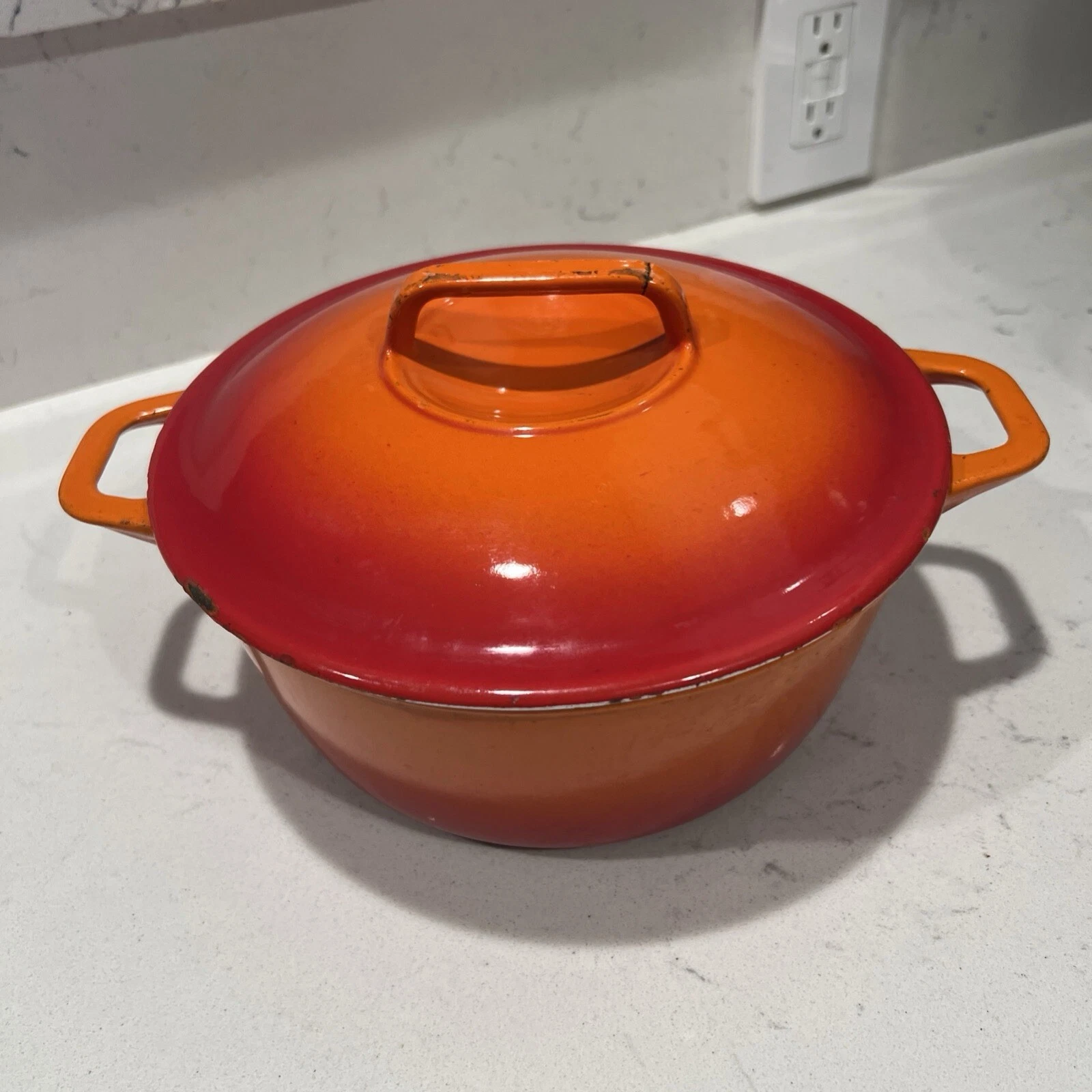 Casron Japan Cast Iron Enamel Dutch Oven W/ Lid Orange Red #2 Holds 9 Cups VTG