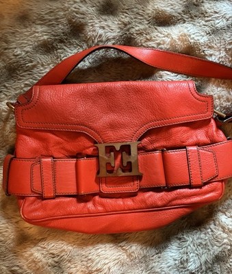 Escada Orange Shoulder Bag Zip Top Buckle Accent Gold Hardware Inner Pockets