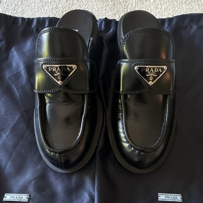 Prada Black Leather Slip-On Loafer Mules Triangle Logo Round Toe