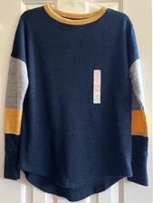 So Women's Super Soft Sweater Navy w/ Gray, Yellow & Navy Striped Sleeves-S -NWT