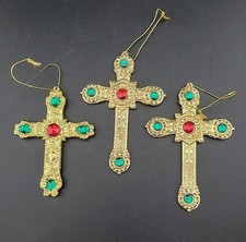 3 VTG Gold Tone Jeweled Crosses Christmas Ornaments 4.5" Metal Religious