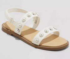 NWT Cat Jack Girls Sandals 4 White Pearl Studded Flat Summer