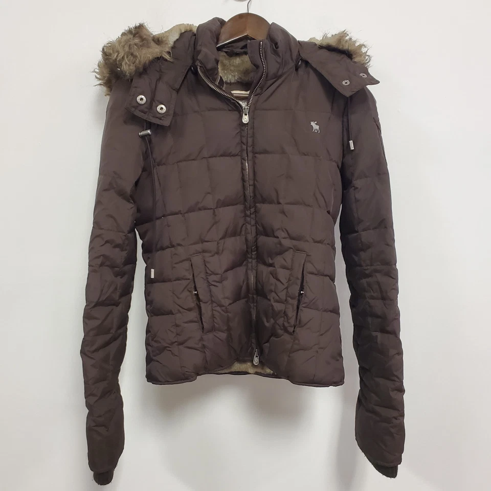 Abercrombie & Fitch Womens Y2K Fur Lined Down Jacket Size S Brown Preppy Layers - Image 2 of 4