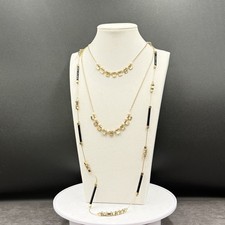 Vintage Gold Tone Cube & Black Bar Bead Necklace Long Layered Modernist