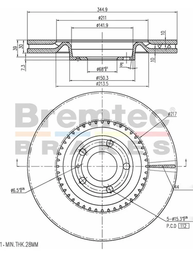 Bremtec Euro-Line Disc Brake Rotor (Single) 344.90mm (BDR22560EL) - Picture 1 of 12