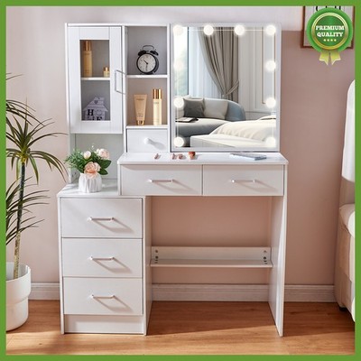 Schminktisch Frisiertisch Kosmetiktisch Holz 6 Schubladen und LED Spiegel Set DE