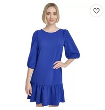 DKNY blue shift dress ruffle hem 3/4 balloon sleeves Size 8