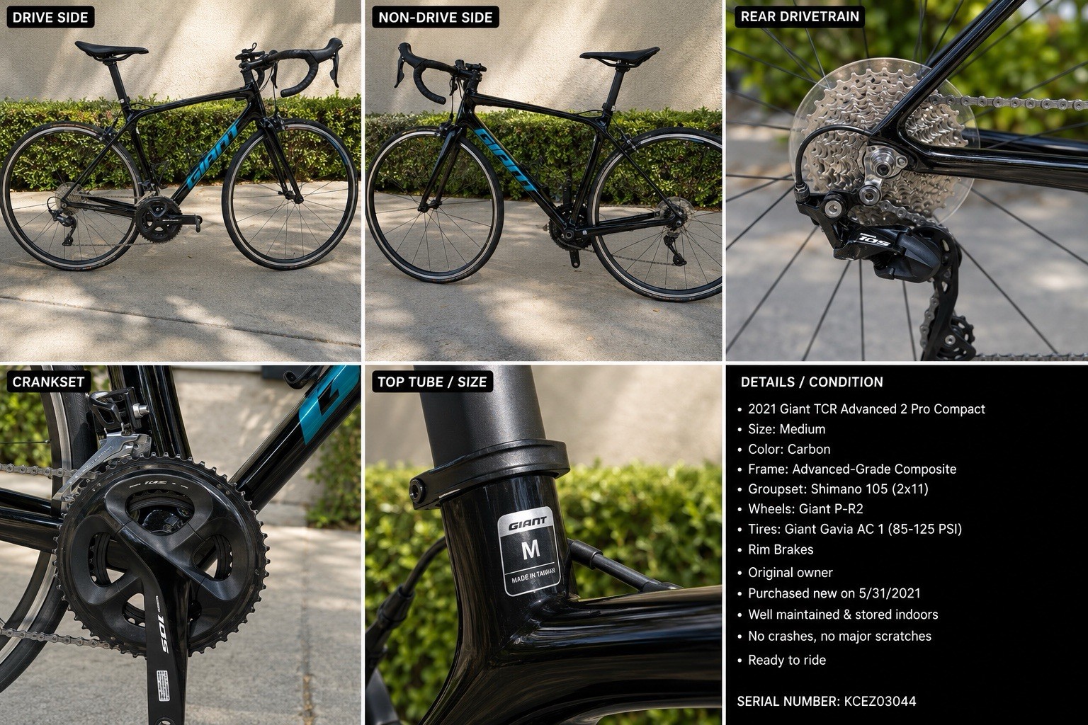 Giant 2021 TCR Advanced 2 Pro Compact Carbon Road Bike M 700C 22sp Black