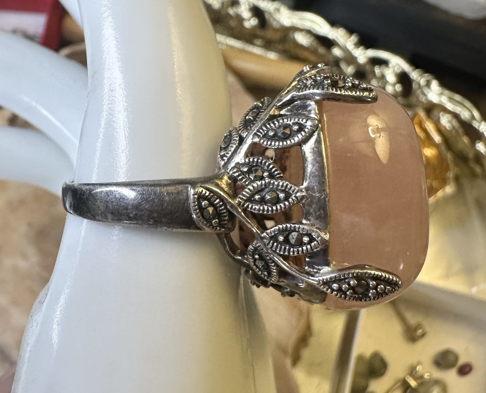 Large Statement Square Rose Quartz Marcasite 925 … - image 8