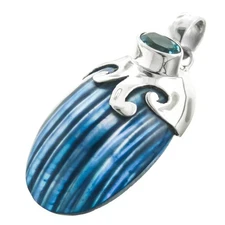 925 Sterling Silver 2ct Topaz Blue Mother Of Pearl Turbo Shell Pendant, 1 3/4"