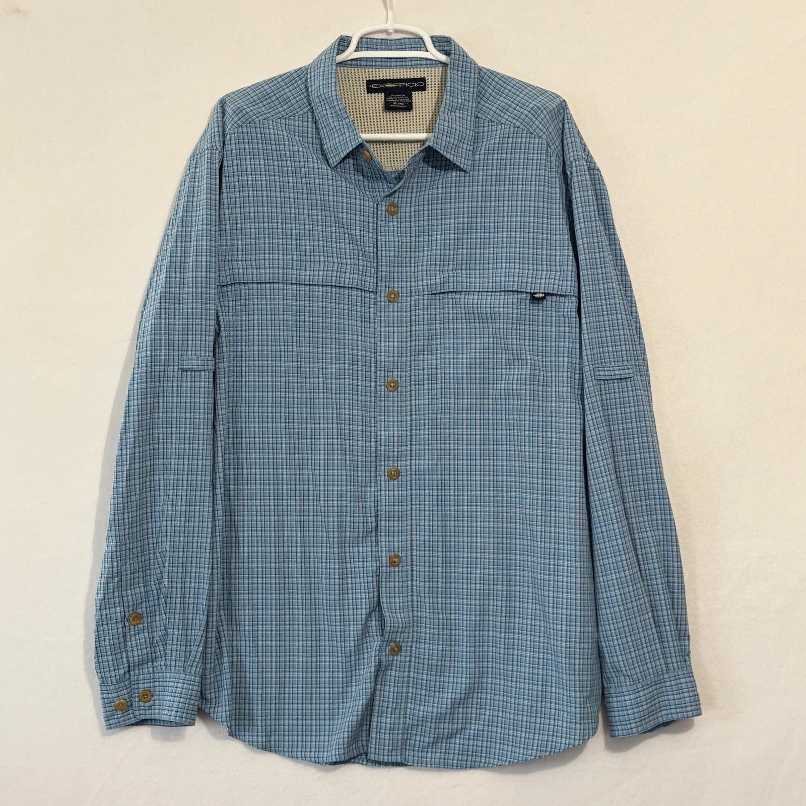 Exofficio Outdoor Shirt Men's XL Blue White Long Sleeve Vented Quick Dry Pockets