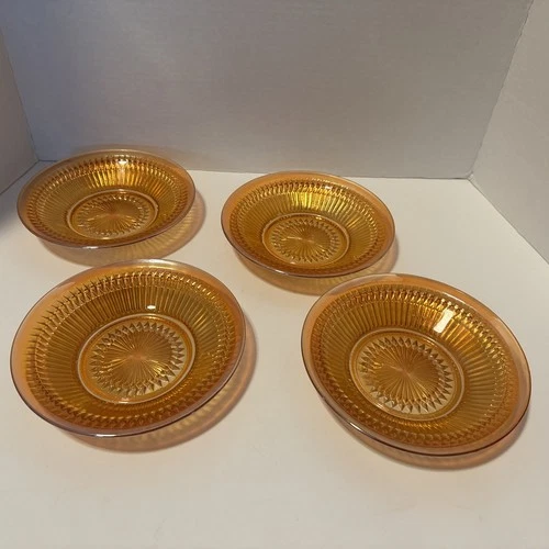 Set of 4 Vintage Jeanette Anniversary Glass Iridescent Marigold Salad Bowls