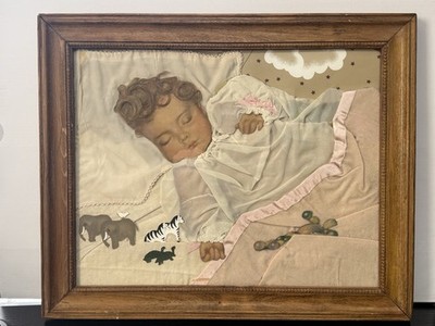 Antique Framed Mourning Baby Memorial Featuring Baby s Hair, Clothing & Blanket 