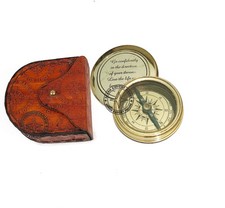 Brass Pocket Sundial Compass Camping Hiking 2 inch with Leather Box  ASQW