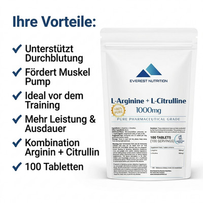 L Arginin + L Citrullin 1000mg 100 Tabletten Pump Durchblutung Sport