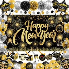 Happy New Year Backdrop with Shiny Firework Background Circle Paper Banner Po...