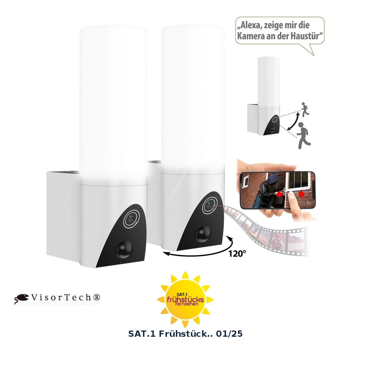 VisorTech 2er Pack LED-Außenwandleuchte & WLAN-Full-HD-Kamera, App,