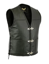 Men' Fishhook Buckle Braided Black Real Leather Side Lac Biker Club Waistcoat